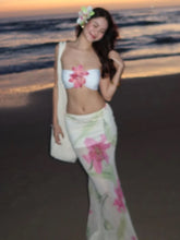 BXOXO Vacation Pretty Women Two-Piece Set 3d Flowers Bandeau Mini Top+See Through Print Bottoms Beach Party Matching Suits